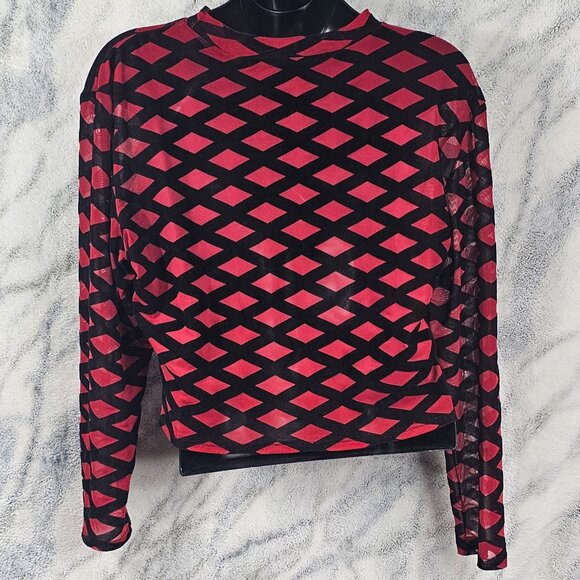 1X-2X Red & Black Long Sleeved Crop Mesh Velour Criss Cross Sheer Layering Top - Picture 4 of 9